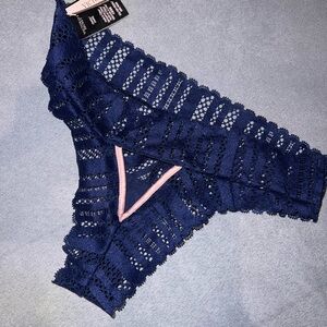 Victoria's Secret Deep Blue Lace Thong with Soft Pink Trim